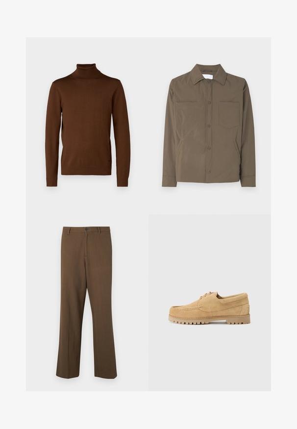 Braune Button-Down-Jacke aus leichtem, glattem Stoff. Verfügt über zwei Fronttaschen und einen Kragen. Keine sichtbaren Muster oder Akzente.; JOOP! DONTE - Strickpullover - rust/copper; Braune, gerade geschnittene Hosen aus strukturiertem Stoff, mit Knopfverschluss und normalem Bund, seitlichen Taschen und taillierten Nähten.; Tan-farbene Wildlederschuhe mit Mokassin-Design, runder Zehenpartie, Schnürung und einer dicken, strukturierten Gummisohle mit einem Profilmuster.