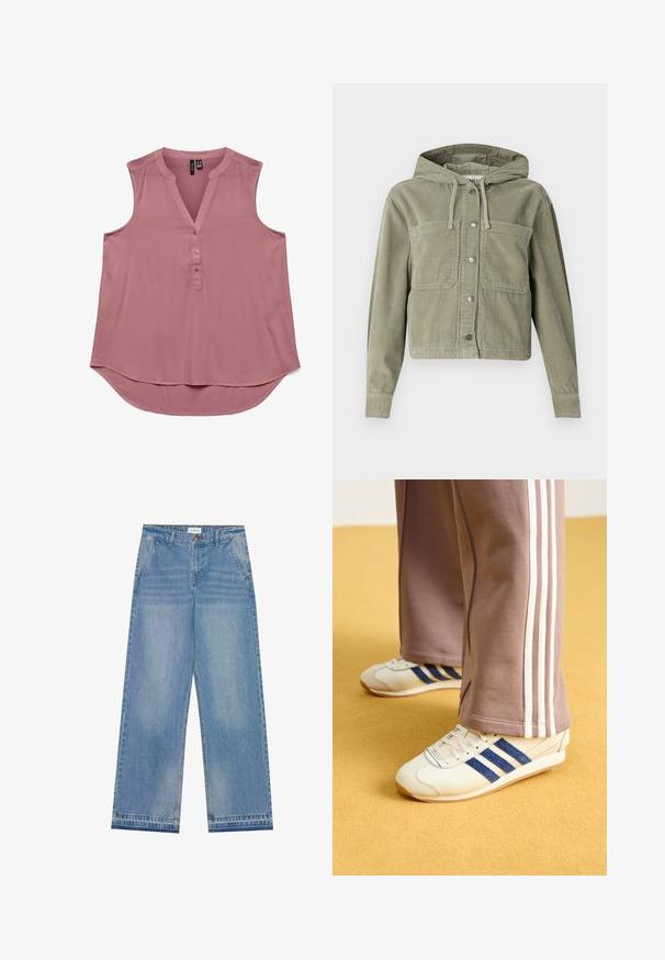 Olivengrønn cordfløyelsjakke med hette, med knapper foran, to brystlommer og ribbet tekstur. Kuttet, tettsittende design.; Ermeløs rosa bluse i lett stoff med V-hals og knappestolpe. Buet kant for en avslappet passform, glatt tekstur og en enkel design.; Lys blå høyt liv vid ben jeans med knappelukking, frontlommer, beltehemper og subtile falmede detaljer.; Kremfargede sneakers med blå semsket skinnstriper, hvite snørebånd og gummisåle. Kombinert med grå joggebukser med hvite sidestriper.