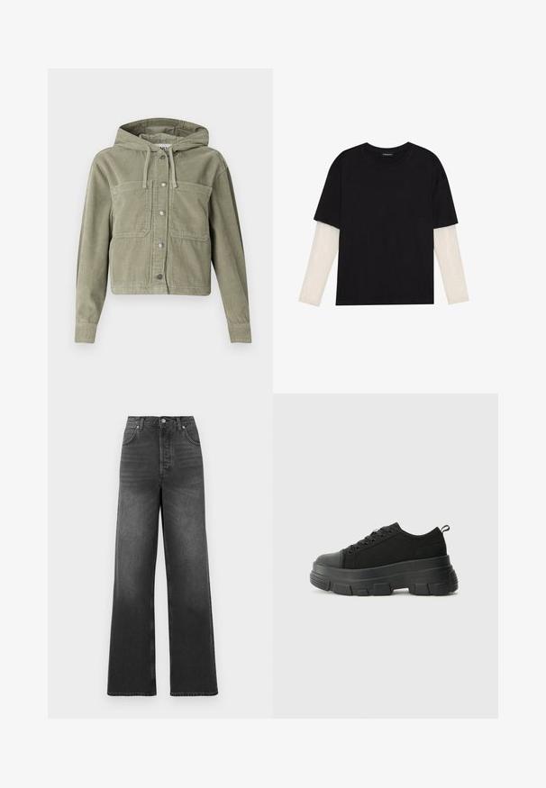 Casaco de cortiça verde-oliva com capuz, apresentando fecho de botão, dois bolsos no peito e textura canelada. Design cropped e ajustado.; T-shirt preta de algodão, com mangas curtas sobre uma camada de mangas longas branca com um padrão texturizado subtil. Design de decote redondo.; Jenas de cintura alta e pernas largas, feitas de denim cinza escuro. Apresenta um design clássico de cinco bolsos e detalhes de costura na bainha.; Sneakers pretos com sola de borracha robusta, parte superior de tecido texturizado, bico redondo e design de atacadores. Apresenta ilhós reforçados e uma alça na parte posterior.