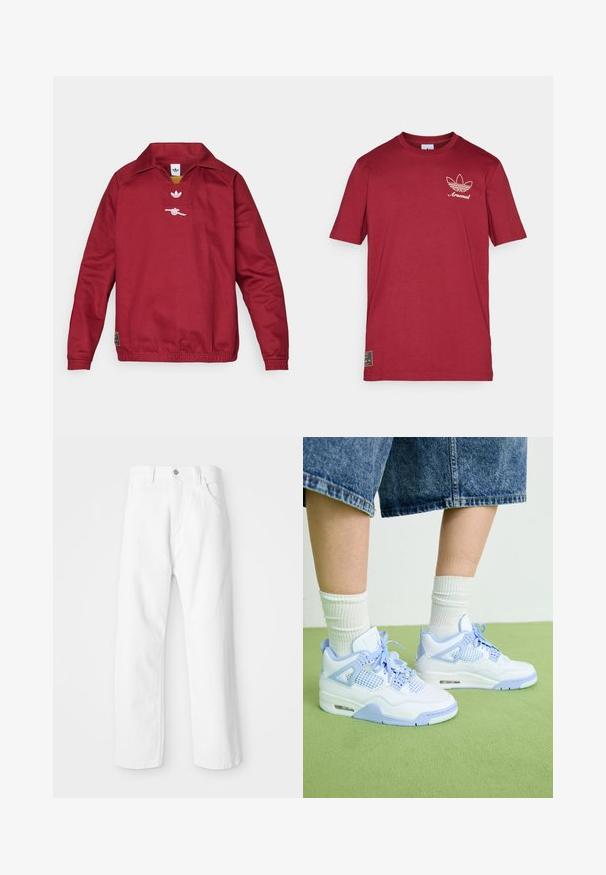 adidas Originals ARSENAL FC ICON DRILL TOP - Casaco para exterior - team coll burgundy; adidas Originals ARSENAL FC ICON GRAPHIC TEE - Roupa de discoteca - team coll burgundy; Calças de ganga brancas com um design de perna reta, apresentando um fecho frontal com botão e zipper, cinco bolsos e um acabamento limpo e texturizado.; Tênis brancos e azul claro com detalhes em malha, bico arredondado, atacadores e uma unidade de amortecimento de ar, combinados com meias brancas de cano alto e calções de ganga.