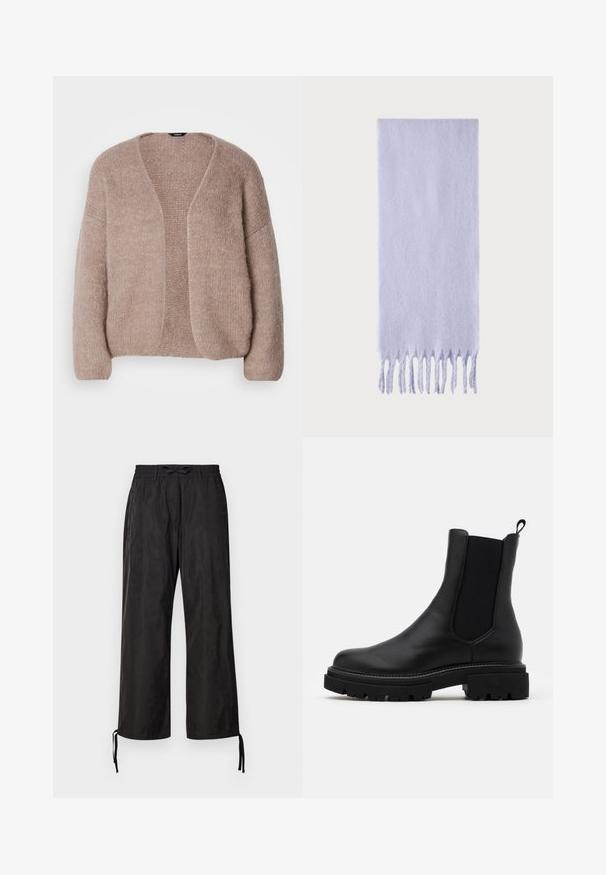 Light beige wool coat with a notched collar, single button closure, two front pockets, and a relaxed fit. Textured fabric finish.; Beige knitted cardigan featuring a V-neck, wide sleeves, and an open front design. Soft texture with a slightly chunky knit pattern.; Long-sleeve cream top with a V-neck, featuring delicate lace trim at the neckline and lace accents at the cuffs. Soft fabric texture.; Black, loose-fitting pants with an elastic waistband and adjustable drawstrings at the ankles. Smooth fabric with a subtle sheen.; Black leather Chelsea boots with elastic side panels and a pull tab. Thick, textured black rubber soles with a rugged tread design.; Light lavender scarf made of soft fabric, featuring a smooth texture and fringed edges. Rectangular shape with even length.; Brown leather handbag with two front flap pockets, rounded handles, and a zipper on the side against a white background.