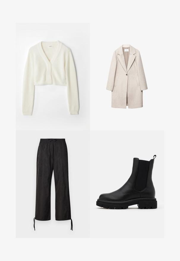 Světlý béžový vlněný kabát s klopovým límcem, zapínáním na jeden knoflík, dvěma předními kapsami a uvolněným střihem. Texturovaná povrchová úprava látky.; Zkrácený kardigan z jemné bílé tkaniny s výstřihem do V, dlouhými rukávy a texturovaným detailem, s knoflíkovým zapínáním vpředu.; Dvě dlouhé rolákové topy, jeden bílý a jeden černý, vyrobené z hladkého, elastického materiálu, oba s přiléhavým střihem a vysokými límci.; Černé, volné kalhoty s elastickým pasem a nastavitelnými šňůrkami na kotnících. Hladká látka s jemným leskem.; Černé kožené Chelsea boty s elastickými bočními panely a poutkem. Tlusté, strukturované černé gumové podrážky s drsným dezénem.