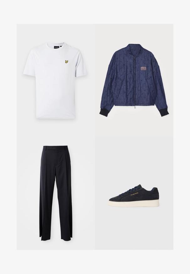 Sötétkék farmer bomber dzseki texturált varrással, bordás mandzsettákkal, elülső cipzárral és oldalsó zsebekkel. Kis logófolttal rendelkezik.; Fehér, rövid ujjú pamut póló, kicsi sárga hímzett logóval a mellkasán, kerek nyakkivágással és klasszikus szabással.; Fekete, magasan ültetett nadrág, széles szárai vannak, sima anyagból készült. Elülső redők és övhurkok jellemzik. Minimalista dizájn, látható fémalkatrészek nélkül.; Sötétkék velúr, alacsony szárú teniszcipő fehér talppal, sötétkék fűzőkkel és arany színű "Filling Pieces" logóval az oldalán.