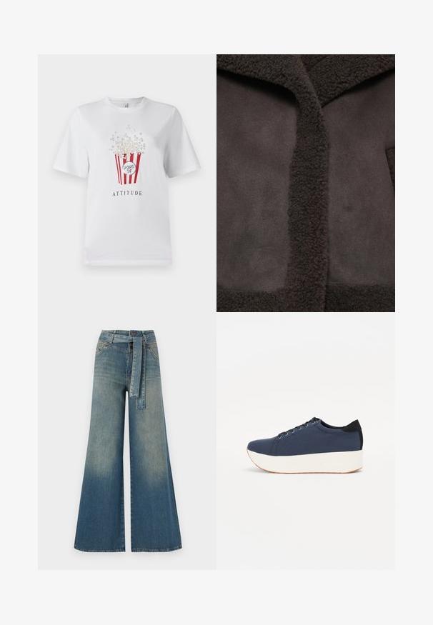 Brown jacket featuring a textured, fuzzy collar and smooth fabric. The design includes a central opening and minimalist aesthetic.; White T-shirt featuring a popcorn graphic in red and pearl accents, with the text "ATTITUDE" below. Short sleeves and a classic fit.; Wide-leg denim trousers featuring a light to dark blue gradient, high waist, belt loops, and a matching fabric belt. Textured denim finish.; Navy blue sneaker with a textured fabric upper, white platform sole, rounded toe, and black heel accent. Features six eyelets for laces.