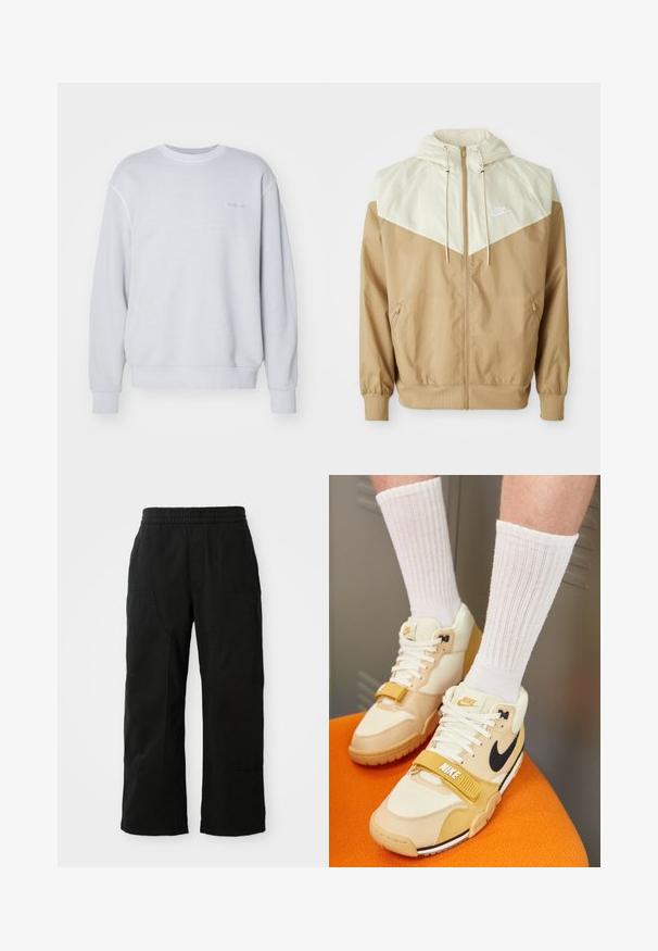 Kurtka przeciwdeszczowa Nike z beżowym korpusem, jasnobeżowymi wstawkami, kapturem, zamkiem z przodu i elastycznymi mankietami, z małym białym logo na piersi.; Jasnoszary sweatshirt wykonany z bawełny, z okrągłym dekoltem, ściągaczami przy mankietach oraz małym tonowanym logo na piersi. Miękka tekstura.; Czarne bawełniane spodnie z elastycznym pasem, szeroką nogawką i dużymi bocznymi kieszeniami. Tkanina wydaje się miękka o gładkiej fakturze.; Nike obuwie sportowe w beżowej i kremowej skórze, z czarnym swooshem, białymi sznurowadłami, paskiem na rzep oraz teksturowaną gumową podeszwą.