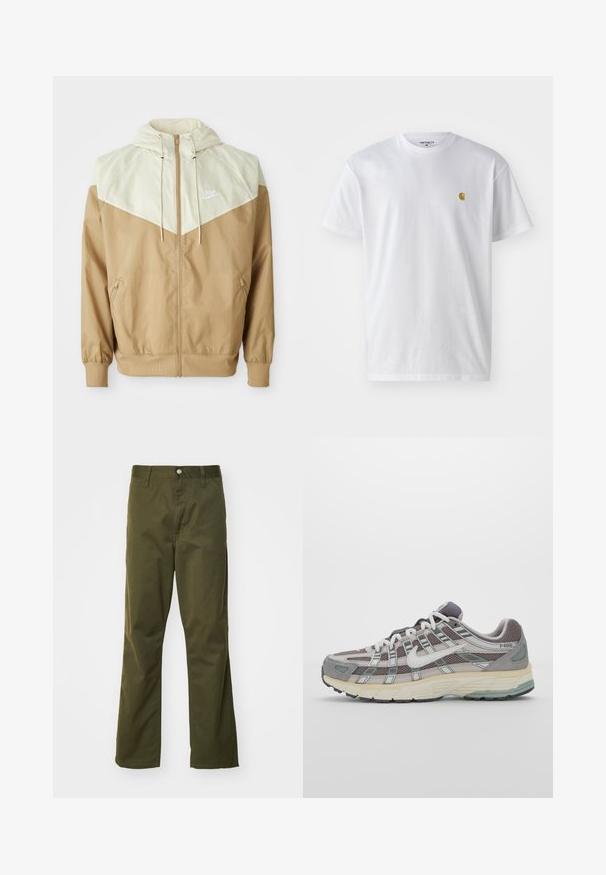 Nike windbreakerjack bestaande uit een beige lichaam, lichtbruine panelen, een capuchon, een rits aan de voorkant en elastische manchetten met een klein wit logo op de borst.; Witte katoenen t-shirt met korte mouwen en ronde hals, voorzien van een klein gouden logo op de linkerkant van de borst. Zachte textuur en een normale pasvorm.; Olijf groene katoenen broek met een rechte pijpdesign. Voorzien van een voorknoopsluiting en een klassieke vijf-pocket stijl.; Grijze sportieve schoen met een bovenwerk van mesh en suede, witte accenten, een gevoerde zool en een onderscheidend ontwerp met reflecterende elementen.
