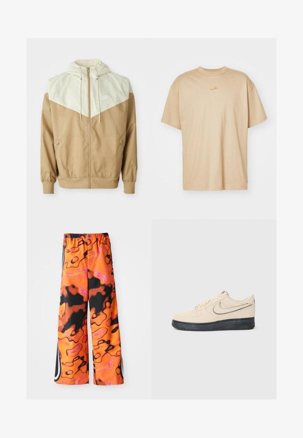 Nike vindjakke med en beige kropp, lysebrune paneler, hette, frontglidelås og elastiske mansjetter med en liten hvit logo på brystet.; Beige bomull t-skjorte med rund hals, korte ermer og en liten brodert Nike-logo i oransje på brystet. Litt avslappet passform.; Løse bukser med et livlig oransje, svart og rosa abstrakt swirl mønster, elastisk linning, sidestriper og knappefeste.; Beige semsket Nike Air Force 1-sneakers med svart gummisåle, broderte detaljer, perforert tå og en fremtredende swoosh-logo.
