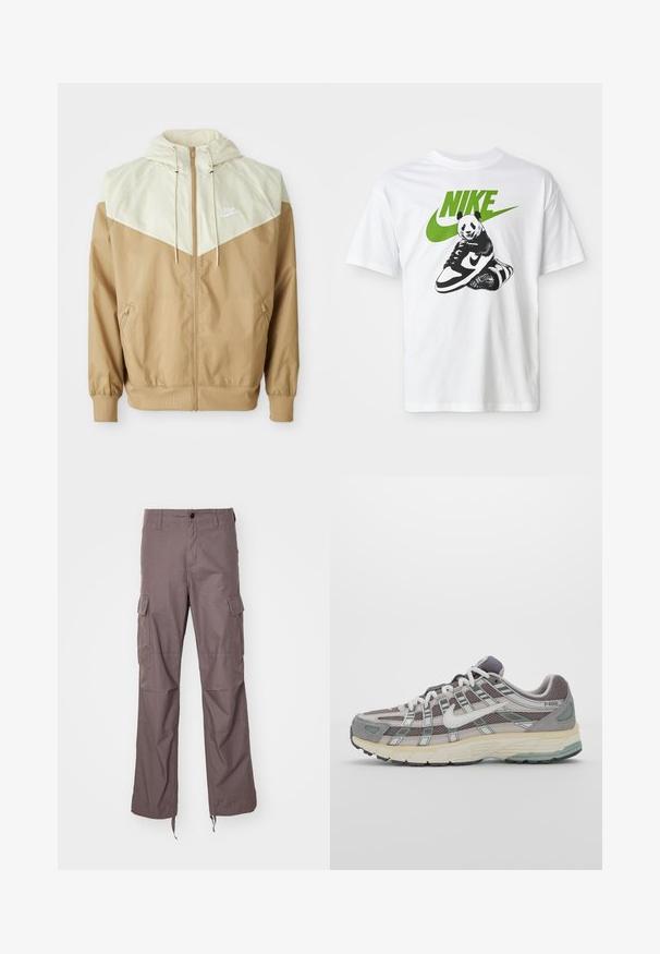 Nike tuulipuku, joka sisältää beige-värisen vartalon, vaalean tan-väriset paneelit, hupun, etuvetoketjun ja joustavat hihansuut, joissa on pieni valkoinen logo rinnassa.; Valkoinen puuvillapaita, jossa on mustavalkoinen pandakuva, joka pitää Nike-tennaria kädessään, ja yläpuolella on vihreä Nike-logo.; Cargo-housut karkean taupe-kankaan materiaalista, joissa on useita sivutaskuja, suora lahjesuunnittelu ja säädettävät hihnat helmassa.; Harmaa urheilukenkä, jossa on verkko- ja mokkanahkainen yläosa, valkoiset yksityiskohdat, pehmustettu pohja ja erottuva muotoilu heijastavilla elementeillä.