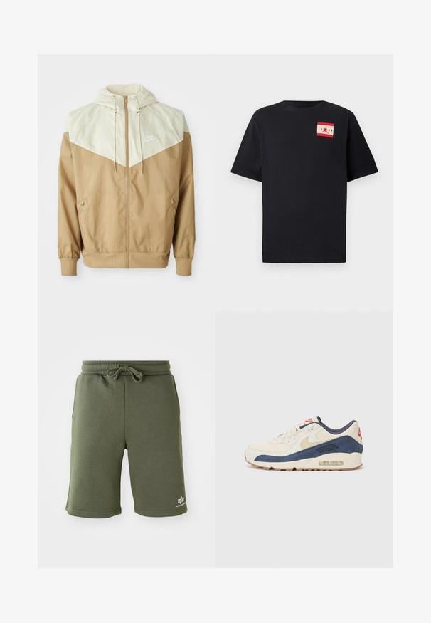 Nike windbreaker jacket featuring a beige body, light tan paneling, hood, front zipper, and elastic cuffs with a small white logo on the chest.; Black short-sleeve T-shirt made of cotton, featuring a red and white graphic logo patch on the left chest area. Classic crew neck design.; Olive green shorts made of soft fabric, featuring a drawstring waist, side pockets, and a printed logo on the lower right side.; Sneakers with a cream leather and navy suede upper, featuring a visible air sole, beige rubber outsole, and red accent on the heel.