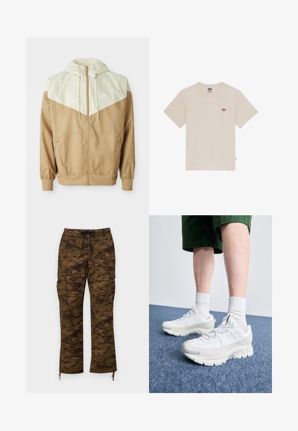 Nike vėjatekių striukė, turinti smėlio spalvos kūną, šviesiai rudos spalvos elementus, gobtuvą, priekinį užtrauktuką ir elastinius rankogalius su mažuoju baltu logotipu ant krūtinės.; Grietos spalvos medvilninis marškinėliai su trumpomis rankovėmis, apvaliu iškirpimu ir mažuoju daugiakoloriniu siuvinėtu logotipu krūtinėje.; Rudos cargo pantalonai su tekstūriniu kamufliažo raštu, su elastingu juosmeniu, raišteliu ir šoninėmis kišenėmis. Kasdieniškas fasonas, tiesios kojos.; Baltos sportinės bateliai su tekstūruotais uždengimais, masyviu padu ir pilkais akcentais. Dėvimi su baltais trumpais kojiniais ir žaliais šortais mėlyname paviršiuje.