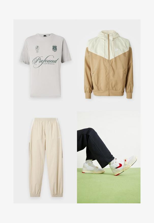 Veste coupe-vent Nike avec un corps beige, des panneaux beige clair, une capuche, une fermeture éclair à l'avant et des poignets élastiques, avec un petit logo blanc sur la poitrine.; T-shirt en coton gris clair à manches courtes, arborant le texte "Profound" en vert foncé, un logo en forme de bouclier et des patches décoratifs.; Joggers légers beige avec taille élastique, chevilles resserrées, poches latérales et logo Nike subtil en blanc sur la cuisse gauche.; Baskets blanches et crème avec un accent rouge, présentant des matériaux en maille et en daim, des détails texturés et une sangle à l'avant.