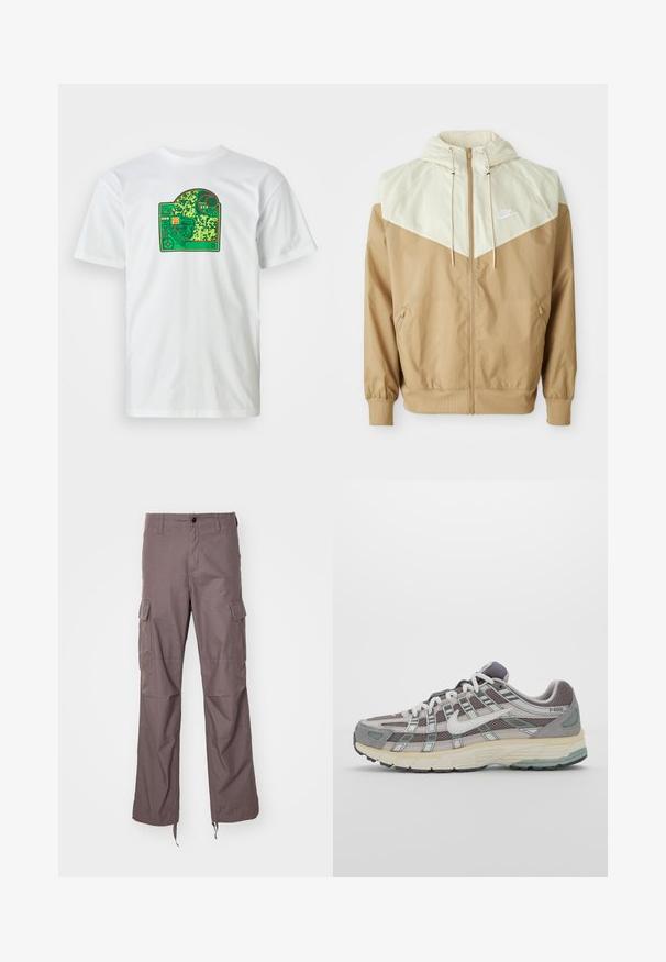 Chaqueta cortavientos de Nike con un cuerpo beige, paneles de color beige claro, capucha, cremallera frontal y puños elásticos, con un pequeño logo blanco en el pecho.; Camiseta blanca de algodón con un gráfico de placa de circuito verde que presenta patrones intrincados, acentos rojos y un elemento de diseño en capas.; Pantalones cargo en una tela de taupe texturizado, con múltiples bolsillos laterales, un diseño de pierna recta y correas ajustables en el dobladillo.; Zapatilla deportiva gris con parte superior de malla y ante, acentos blancos, suela acolchada y un diseño distintivo con elementos reflectantes.