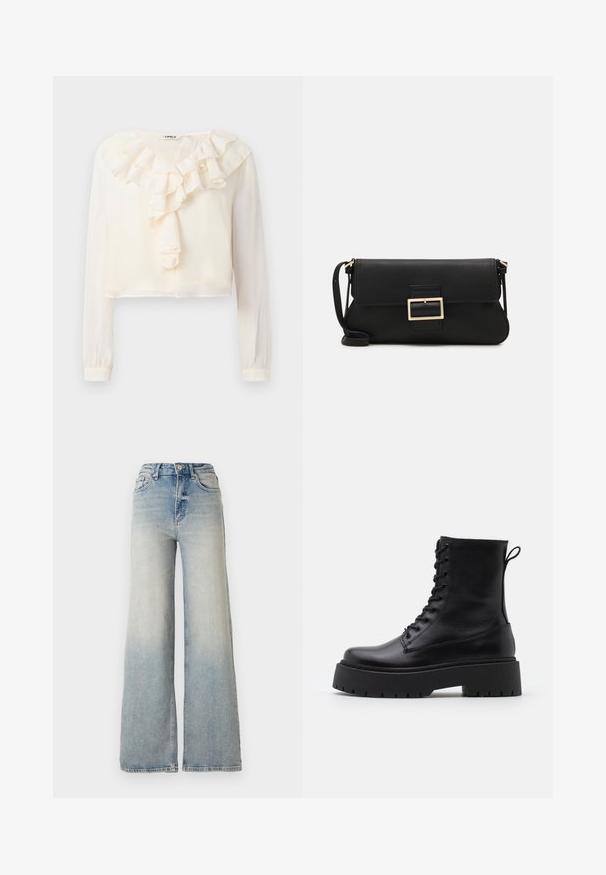 Noisy May NMEVE LEO JACKET - Chaqueta de invierno - mocha bisque; Blusa blanca de manga larga con escote en V y detalle fruncido en la parte frontal. Confeccionada en tejido ligero, presenta un diseño corto y una textura suave.; Jeans de mezclilla de tiro alto y pierna ancha en color azul claro, con cinco bolsillos y costuras visibles a lo largo de las costuras.; Botas de cuero negras hasta el tobillo con punta redonda, cordones en la parte delantera y una suela de goma gruesa con un dibujo texturizado. Tirador en la parte trasera.; Bolso de mano de cuero negro con una solapa y un detalle de hebilla de metal dorado. Incluye una correa negra y un diseño elegante y minimalista.; Pendientes de aro color dorado, delgados y redondos, con un acabado metálico suave y sin adornos ni patrones.