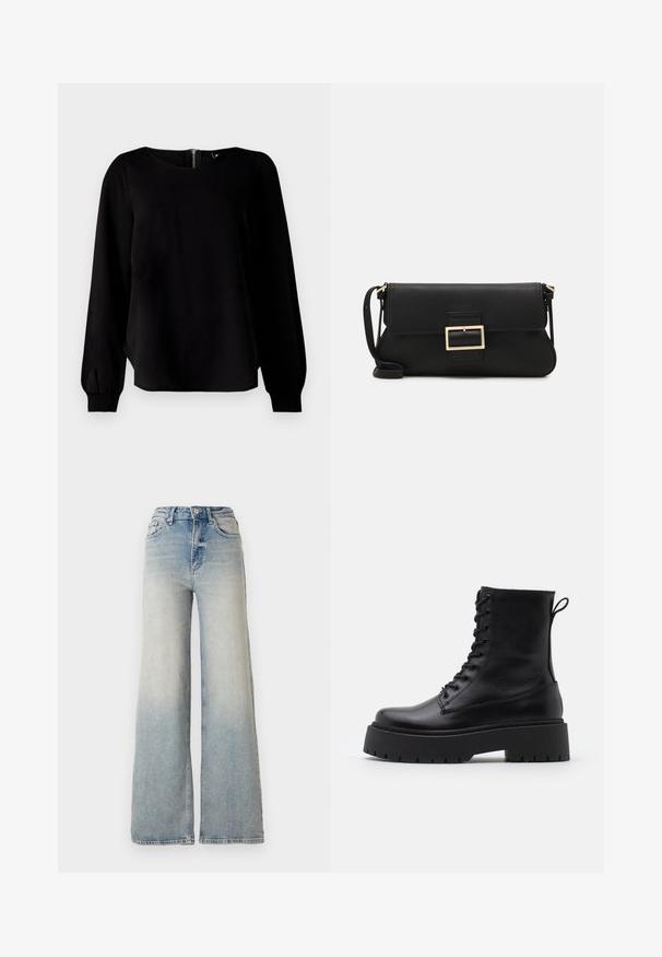 Noisy May NMEVE LEO JACKET - Chaqueta de invierno - mocha bisque; Top negro de manga larga con escote redondo, puños fruncidos y detalle de cremallera en la parte posterior, confeccionado con una tela suave y un ligero brillo.; Jeans de mezclilla de tiro alto y pierna ancha en color azul claro, con cinco bolsillos y costuras visibles a lo largo de las costuras.; Botas de cuero negras hasta el tobillo con punta redonda, cordones en la parte delantera y una suela de goma gruesa con un dibujo texturizado. Tirador en la parte trasera.; Bolso de mano de cuero negro con una solapa y un detalle de hebilla de metal dorado. Incluye una correa negra y un diseño elegante y minimalista.; Pendientes de aro color dorado, delgados y redondos, con un acabado metálico suave y sin adornos ni patrones.