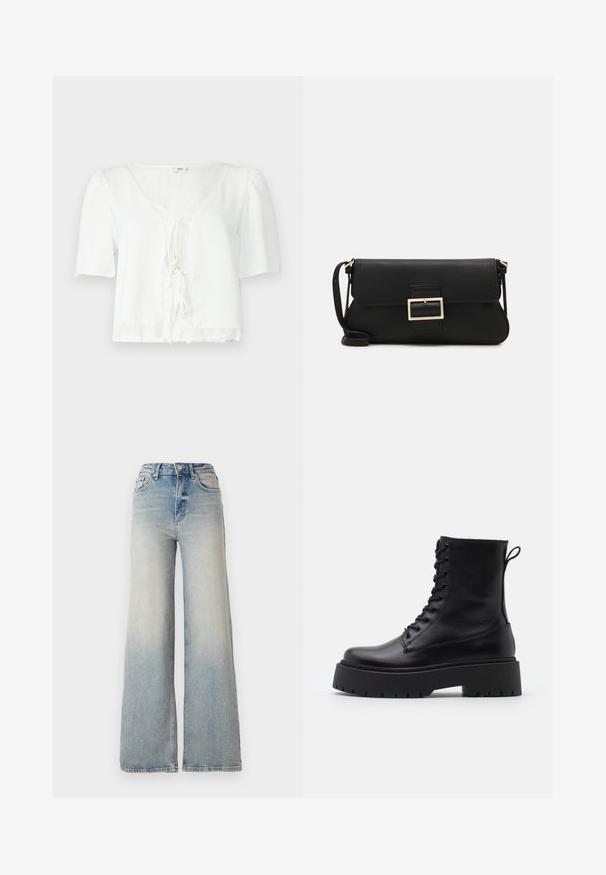 Noisy May NMEVE LEO JACKET - Ziemas jaka - mocha bisque; JDY JDYLION LIFE STRING - Blūze - cloud dancer; Gai zilu platā kāja džinsi, kas izgatavoti no denima, ar augstu jostasvietu, piecām kabatām un redzamu dūrienu gar šuvēm.; Melni ādas potītēm zābaki ar apļveida purngalu, auklām priekšpusē un biezu gumijas zoli ar teksturētu protektoru. Velkšanas cilpa aizmugurē.; Melnas ādas saķeres soma ar atloku un zelta metāla sprādzi. Ietver melnu siksnu un elegantu, minimālistisku dizainu.; Zelta krāsas auskari gredzena formā, plāni un apaļi, ar gludu metāla apdari un bez rotājumiem vai zīmējumiem.