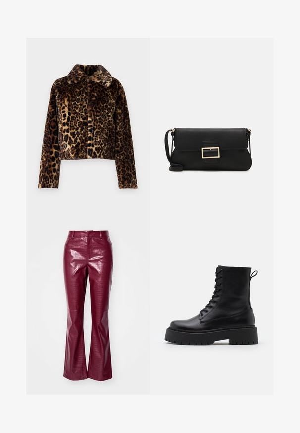 Noisy May NMEVE LEO JACKET - Talvejope - mocha bisque; Must be liikuvate detailidega kleit, millel on ümar kaelus ja rippuvad detailid õlgadel ja mansettides.; Burgundia faux nahkasaapad läikiva viimistlusega, krokodillimustriga, laienevad säärte ja kinnise vöökohtaga.; Mustad mustad nahast pahkluu saapad ümarate varvastega, nööridega esiosas ja paksu kummist talla ning tekstuuritud mustriga. Tagumine tõmbeaas.; Must haben musta nahkklahviga kott, millel on klapp ja kuldne metallist pandla detail. Kaasas must rihm ja stiilne, minimalistlik disain.; Kulla värvi nõelad, õhukesed ja ümmargused, millel on sile metallist pind ja ilma kaunistuste või mustriteta.