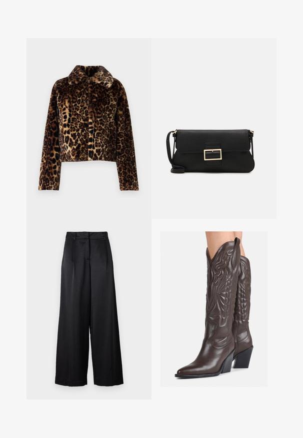 Noisy May NMEVE LEO JACKET - Zimska jakna - mocha bisque; Bela brezrokavna majica iz rebraste tkanine, z zaobljenim izrezom in prilegajočim silhueto, z minimalnimi šivi in brez okraskov.; Črne široke hlače iz gladkega materiala, z visokim pasom, sprednjimi pregibi in sproščenim krojem. Enostaven, čist dizajn brez vzorcev.; Rjave usnjene kavbojske čevlje z ostrim nosom in blok peto, ki vsebujejo podrobno šivanje in dvignjene dodatke na zgornjem delu.; Črna usnjena torbica na preklop z zlato kovinsko zaponko. Vključuje črn trak in eleganten, minimalističen dizajn.; Zlate obroče ušesne uhane, tanke in krožne oblike, z gladko kovinsko površino brez okrasnih elementov ali vzorcev.