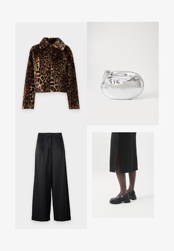 Noisy May NMEVE LEO JACKET - Winterjas - mocha bisque; Witte mouwloze tanktop van ribstof, met een ronde halslijn en een aansluitende pasvorm, met minimale naden en zonder versieringen.; Zwarte wijde broek van gladde stof, met een hoge taille, eenperspleats en een losse pasvorm. Eenvoudig, strak ontwerp zonder patronen.; Zwarte leren schoenen met een ronde neus, dikke blokhak en elastische zijkanten, gecombineerd met donkere panty's en een zwarte rok met een split.; Zilveren metalen pouch bag met een zachte, afgeronde vorm en een geknoopte sluiting aan de bovenkant. Gemaakt van soepel faux leren materiaal.; Zilveren hoepel oorbellen met een minimalistisch ontwerp. Cirkelvormig, gladde textuur en dun profiel. Lichtgewicht met een gepolijste afwerking.