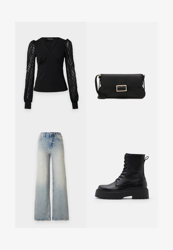 Noisy May NMEVE LEO JACKET - Talvitakki - mocha bisque; Musta paita V-päänteellä ja vartalonmyötäisellä yläosalla, jossa on läpinäkyvät, tekstuuriset pitkät hihat ja pukeutuneet hihan päät. Tasainen kangas, jossa on kerrostettu yksityiskohta.; Vaaleansiniset leveälahkeiset farkut, joissa on korkea vyötärö, viisi taskua ja näkyvät ompeleet saumoissa.; Musta nahkainen nilkkureita, joissa on pyöreä kärki, nauhakiinnitys edessä ja paksu kumipohja, jossa on teksturoitu pinta. Takana vetotappi.; Musta nahkainen kynäpenkkilaukku, jossa on läppä ja kultainen metallinen solkiyksityiskohta. Mukana musta hihna ja tyylikäs, minimalistinen muotoilu.; Kultaiset rengaskorvakorut, ohuet ja pyöreät, joissa on sileä metallipinta ilman koristeluja tai kuvioita.