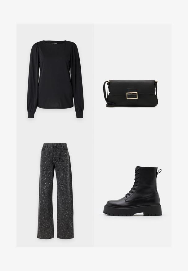 Noisy May NMEVE LEO JACKET - Winterjas - mocha bisque; Zwarte lange mouwen top van gladde stof, met een ronde halslijn en geraffineerde details op de schouders en manchetten.; Noisy May NMJANNEL LOOSE - Relaxed fit jeans - black denim; Zwarte leren enkelboots met een ronde neus, vetersluiting aan de voorkant en een dikke rubberen zool met een gestructureerd profiel. Trekbandje aan de achterkant.; Zwarte leren clutch met een klep en een gouden metalen sluiting. Inclusief een zwarte schouderband en een slank, minimalistisch ontwerp.; Gouden oorringen, dun en rond van vorm, met een gladde metallic afwerking en zonder versieringen of patronen.