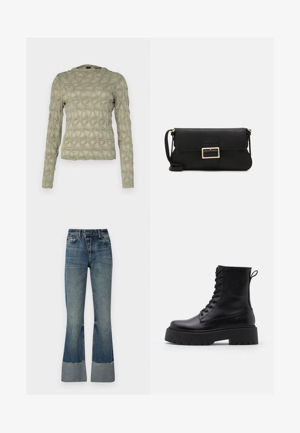 Noisy May NMEVE LEO JACKET - Talvejope - mocha bisque; Pikkade varrukatega särk tuhmrohelises toonis, millel on kergelt tõstetud teemantide tekstuuriga muster. Pehme kangas, millel on kerge säde ja ümar kaelus.; Keskmise sinise värvi teksapüksid, millel on kõrge vöökoht, viis nööpi ja rebenenud alumine äär. Alumine äär on heledam ning kangas on kergelt pleekinud.; Mustad mustad nahast pahkluu saapad ümarate varvastega, nööridega esiosas ja paksu kummist talla ning tekstuuritud mustriga. Tagumine tõmbeaas.; Must haben musta nahkklahviga kott, millel on klapp ja kuldne metallist pandla detail. Kaasas must rihm ja stiilne, minimalistlik disain.; Kulla värvi nõelad, õhukesed ja ümmargused, millel on sile metallist pind ja ilma kaunistuste või mustriteta.