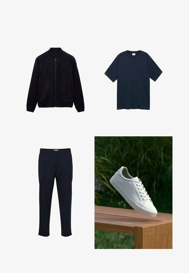 Čierna semišová bombera s predným zipsom, rebrovanými manžetami a golierom a bočnými vreckami. Mäkká textúra, elegantný dizajn. Bez vzorov a akcentov.; Mango CIRCO - Základné tričko - royal blue; Námořnické modré kalhoty na míru s laclem v pase, plisovaným předním dílem a zúženými kotníky. Vyrobené z hladké, lehké textilie.; Biele šnurovacie tenisky sa vznášajú nad drevenou lavicou so zeleným porastom v pozadí, predvádzajúc design a textúru topánok.
