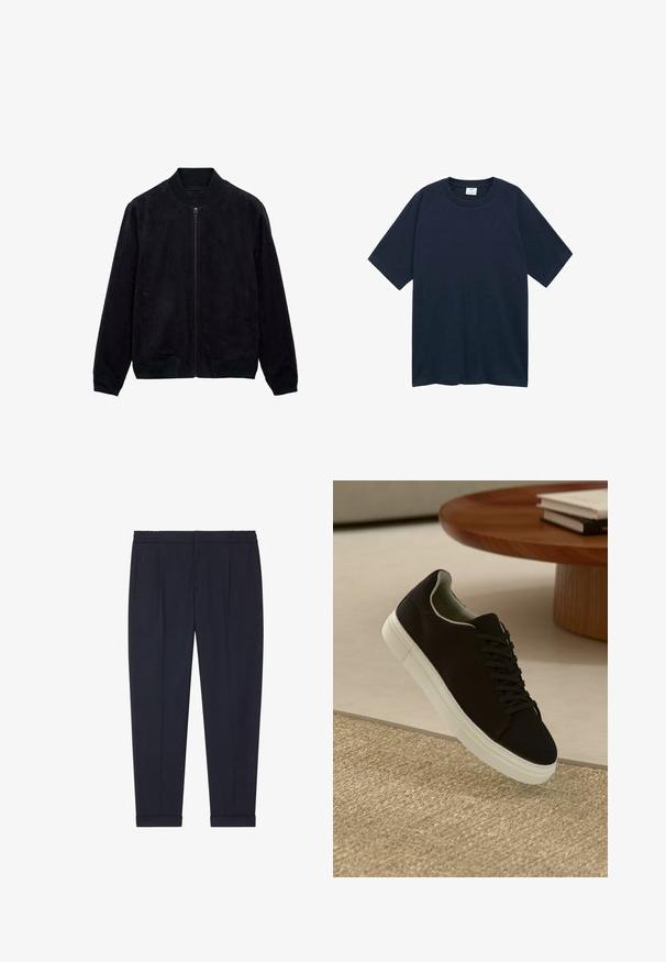 Zwarte suède bomberjack met een ritssluiting aan de voorkant, ribgebreide manchetten en kraag, en zijzakken. Zachte textuur, gestroomlijnd ontwerp. Geen patronen of accenten.; Mango CIRCO - T-shirt basic - royal blue; Marineblauwe broek van een gladde stof met een getailleerde pasvorm, voorzien van twee voorzakken en boorden bij de enkels.; Zwarte sneaker met witte zool die boven een beige gestructureerd tapijt zweeft, nabij een ronde houten tafel met gestapelde boeken.