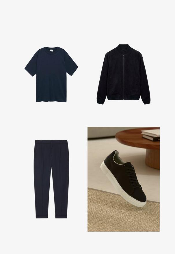 Črna zamskasta bomber jakna z zadrgo spredaj, rebrastimi manšetami in ovratnikom ter stranskimi žepi. Mehka tekstura, poenostavljen dizajn. Brez vzorcev ali dodatkov.; Mango CIRCO - Navadna majica - royal blue; Mornarske hlače iz gladkega blaga s prilagojenim krojem, ki vključujejo dva sprednja žepa in manšete na gležnjih.; Črni športni copat z belim podplatom lebdi nad bež teksturiranim preprogam blizu okroglega lesenega mize z zloženimi knjigami.