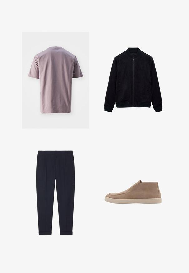 Zwarte suède bomberjack met een ritssluiting aan de voorkant, ribgebreide manchetten en kraag, en zijzakken. Zachte textuur, gestroomlijnd ontwerp. Geen patronen of accenten.; Korte mouwen, ronde hals t-shirt van zacht lavendel katoen met een gladde textuur. Rechte zoom en minimalistisch ontwerp, zonder zichtbare logo's of patronen.; Marineblauwe broek van een gladde stof met een getailleerde pasvorm, voorzien van twee voorzakken en boorden bij de enkels.; Beige suède enkelschoenen met een ronde neus, elastische zijkanten en een lichtbeige rubbere zool. Minimalistisch ontwerp, geen zichtbare hardware.