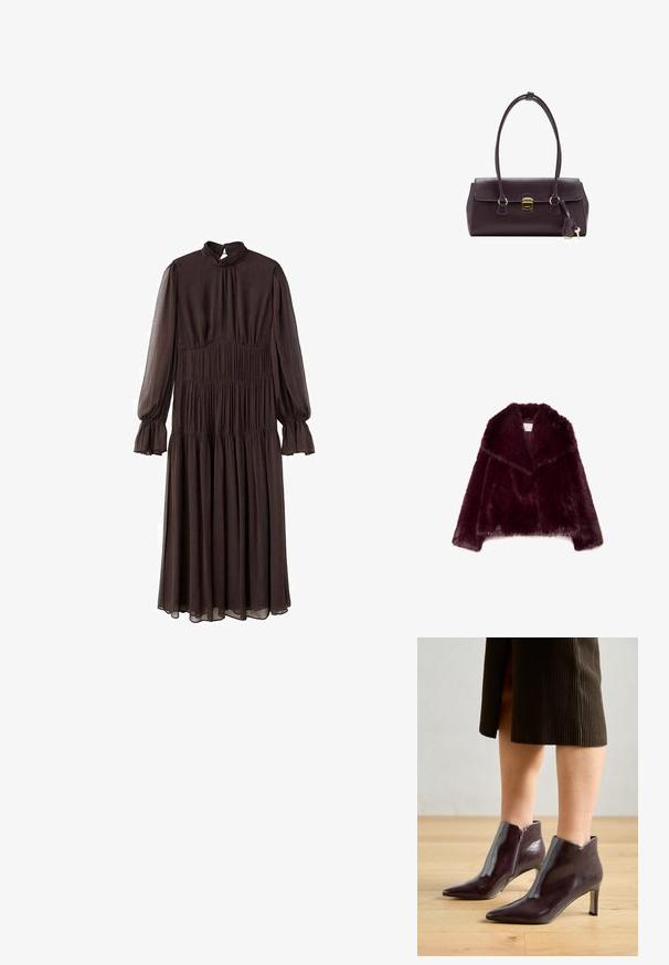 Bordo lažni krzneni kaput s dugim rukavima, širokim ovratnikom i teksturiranom, pahuljastom završnom obradom. Ima otvoreni prednji dizajn i mekani unutarnji oblog.; Smeđa haljina dugih rukava s visokim izrezom, smockiranim tijelom i lepršavim rukavima. Izrađena je od laganog materijala i ima suknju od više slojeva.; Burgundske kožne čizme do gležnja s oštrim vrhom i uskim potpeticama. Imaju bočni patentni zatvarač i glatku, sjajnu površinu.; Bordo kožna torba sa strukturiranim dizajnom, kratkim ručkama, zlatnim pravokutnim kopčanjem i odvojivim ukrasom u obliku rese.