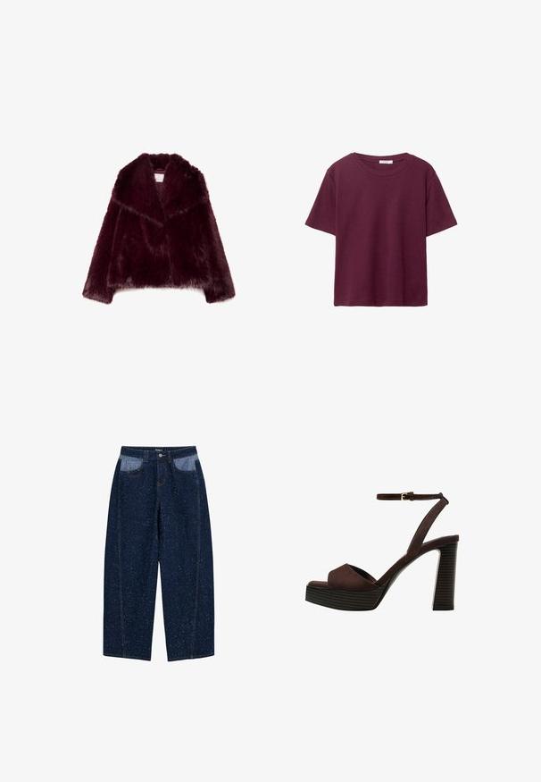 Bordo lažni krzneni kaput s dugim rukavima, širokim ovratnikom i teksturiranom, pahuljastom završnom obradom. Ima otvoreni prednji dizajn i mekani unutarnji oblog.; Burgundska majica s kratkim rukavima izrađena od mekanog pamuka. Ima klasičan okrugli izrez i ležeran kroj. Jednostavan materijal, bez uzoraka i akcenata.; Tamno plave traperice širokog kroja s mrljastom teksturom, dva prednja džepa s kontrastnom svjetlijom tkaninom i vidljivim šavovima.; Smeđe zamšaste sandale s visokim potpeticama, otvorenim prstima, podesivom trakicom oko gležnja i prugastom platformom.