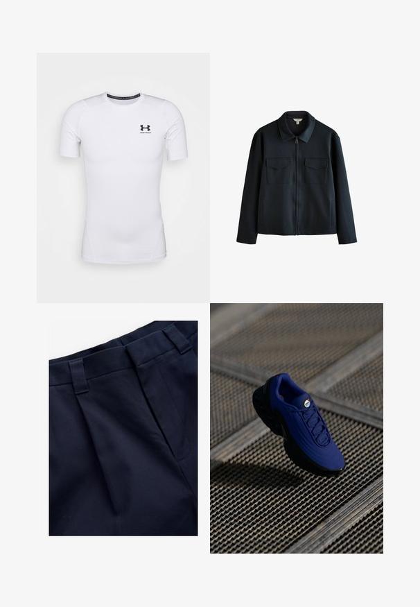 Marineblå zip-up jakke i blødt stof med krave, to brystlommer og sidelommer. Enkel, struktureret design.; Hvid kortærmet tætsiddende skjorte lavet af strækbart stof. Har et sort Under Armour-logo på brystet og en glat, struktureret overflade.; Marineblå plisserede bukser med en glat, struktureret stof. Har en flad talje og bæltestropper, designet til komfort og pasform.; Blå sportssko med en tekstureret overdel, sort sål og snørebånd. Har "air" branding på tungen og synlige luftpolstringselementer.