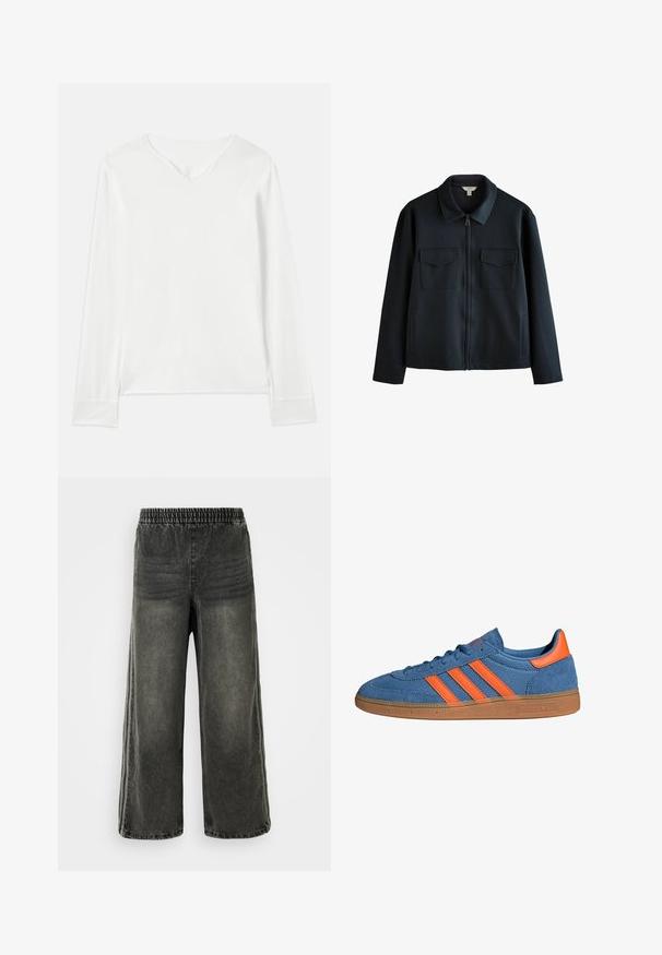 Chaqueta de punto azul marino con cremallera, confeccionada en tejido suave, que presenta un collar, dos bolsillos en el pecho y bolsillos laterales con abertura. Diseño simple y estructurado.; Top blanco de manga larga con escote en V, textura suave y aberturas laterales. Presenta un diseño simple sin adornos ni patrones.; Pantalones de mezclilla negro lavado con cinturilla elástica y piernas anchas, con sutiles detalles de costura vertical en los lados.; Zapatillas de tela azul con detalles en naranja y tres rayas. Suela de goma, parte superior texturizada y diseño con cordones.