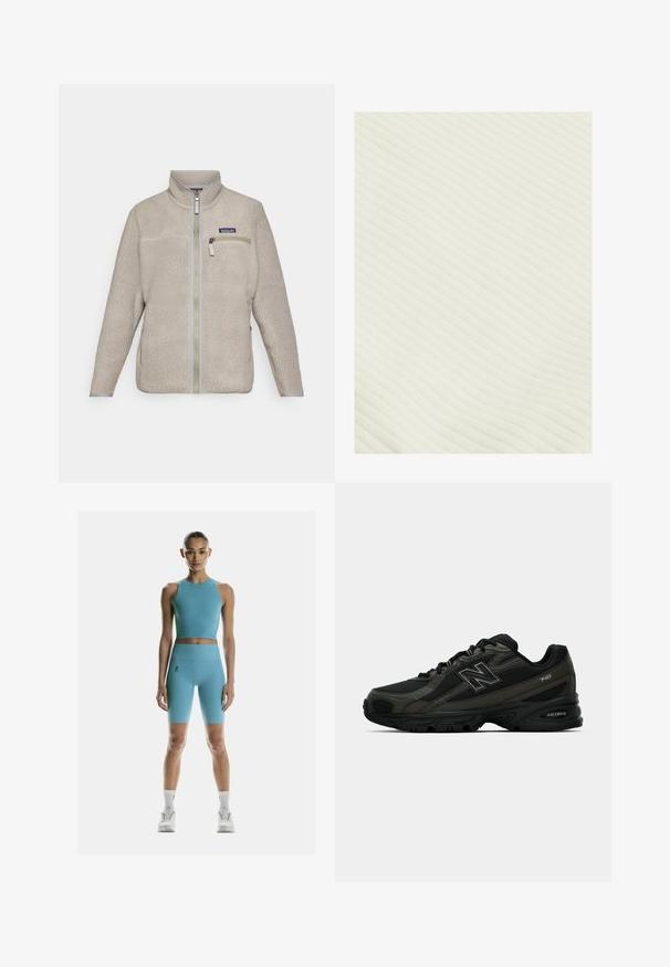 Beige fleece takki, jossa on vetoketju, korkea kaulus ja rintatasku. Teksturoitu kangas, pitkät hihat ja harmaat varusteet.; Vaalean kermainen ribbikangas, jossa on pehmeä tekstuuri ja vaakasuorat viivat, jotka luovat hienovaraista kuviota. Materiaali näyttää kevyeltä ja joustavalta.; On Trikoot - niagara; Mustat urheilukengät, joissa on teksturoitu synteettinen päällinen, pehmustettu pohja ja näkyvä "N"-logo sivussa. Suunnittelussa on kevyitä verkkokohteita.