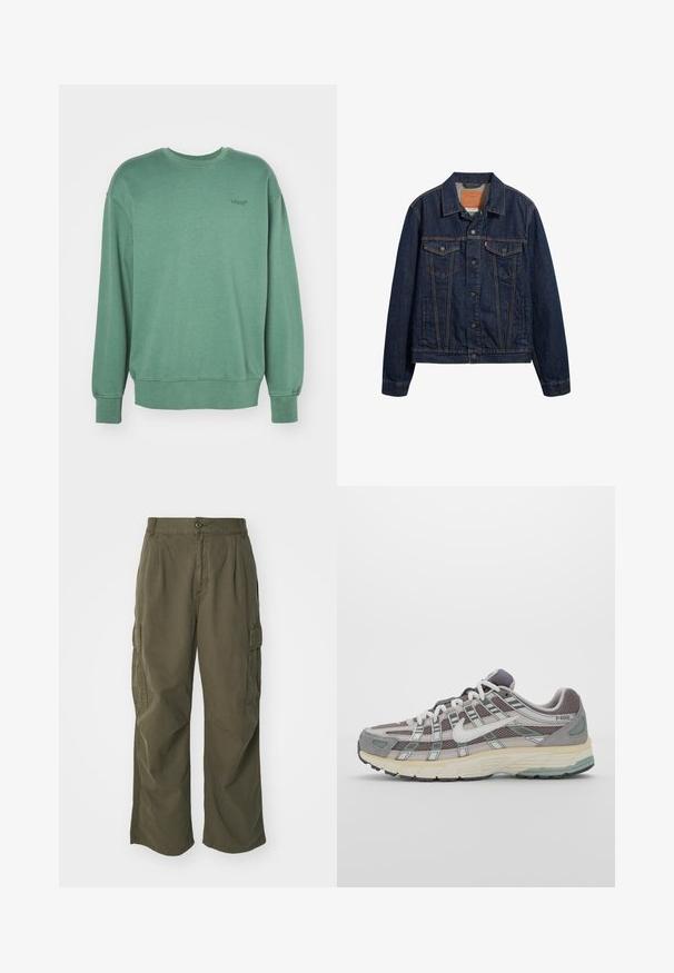 Mørkeblå denimjakke med krave, forlommer og knaplukning. Har kontrasterende syninger og en klassisk snit.; Grøn sweatshirt med lange ærmer, rund halsudskæring, ribbede manchetter og et lille sort logo på brystet. Blødt, tekstureret bomuldsmateriale.; Cargo bukser i olivengrøn, lavet af bomuld, med et bredt ben design, læg og sidelommer til praktisk anvendelse.; Grå sportssko med overdel i mesh og ruskind, hvide accenter, en polstret sål og et særpræget design med reflekterende elementer.