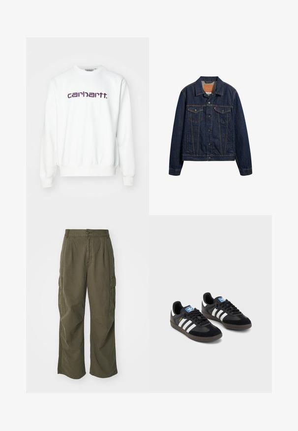 Giubbotto in denim blu scuro con colletto, tasche frontali e chiusura con bottoni. Presenta cuciture a contrasto e un taglio classico.; Felpa bianca con colletto rotondo, polsini e orlo a costine. Presenta il logo "carhartt." ricamato in viola sul davanti. Realizzata in tessuto morbido.; Pantaloni cargo in verde oliva, realizzati in cotone, con un design a gamba larga, pieghe e tasche laterali per utilità.; Sneakers neri con tomaia in suede e materiale sintetico, caratterizzati da tre strisce bianche, suola in gomma testurizzata e etichetta blu sul linguetta.