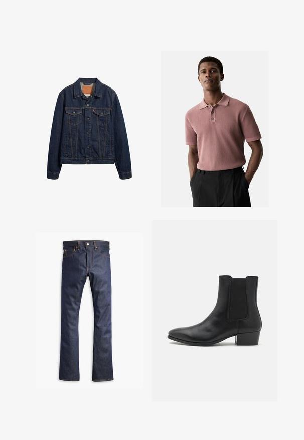 Dunkelblaue Jeansjacke mit Kragen, vorderen Taschen und Knopfverschluss. Sie verfügt über kontrastierende Nähte und einen klassischen Schnitt.; Rippierter Poloshirt mit kurzen Ärmeln in staubigem Rosa, mit Kragen und einer Drei-Knopf-Leiste. Getragen mit dunklen Hosen, Hände in den Taschen.; Dunkelblaue Jeans aus Denim mit geradem Bein, ausgestattet mit orangefarbigen Nähten, fünf Taschen und einem Knopfverschluss. Glatte Textur und strapazierfähiger Stoff.; Zign LEATHER - Stiefelette - black