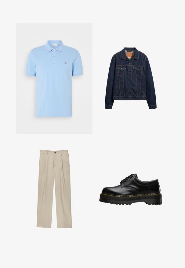 Giubbotto in denim blu scuro con colletto, tasche frontali e chiusura con bottoni. Presenta cuciture a contrasto e un taglio classico.; Polo blu chiaro in cotone, con colletto classico, chiusura a due bottoni e un piccolo logo ricamato sul petto.; Pantaloni beige a taglio dritto, con un solo bottone nero, passanti per la cintura e tasche laterali. Tessuto dalla texture liscia e design minimale.; Scarpa nera in pelle con lacci, dotata di una soletta in gomma nera spessa e seghettata e cuciture gialle lungo il bordo, con una finitura liscia.