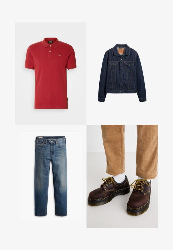 Dunkelblaue Jeansjacke mit Kragen, vorderen Taschen und Knopfverschluss. Sie verfügt über kontrastierende Nähte und einen klassischen Schnitt.; Rotes Baumwoll-Polohemd mit klassischem Kragen, Zwei-Knopf-Leiste, kurzen Ärmeln und kleinem gesticktem Logo auf der linken Seite.; Blaue gerade geschnittene Denim-Jeans mit klassischem Fünf-Taschen-Design, Knopfverschluss und subtiler Ausbleichung an Oberschenkeln und Knien.; Braune Lederschuhe mit gelben Nähten, runder Spitze, dickem Plateausohle und kontrastierenden schwarzen Akzenten. Getragen mit weißen Socken und Cordhosen.