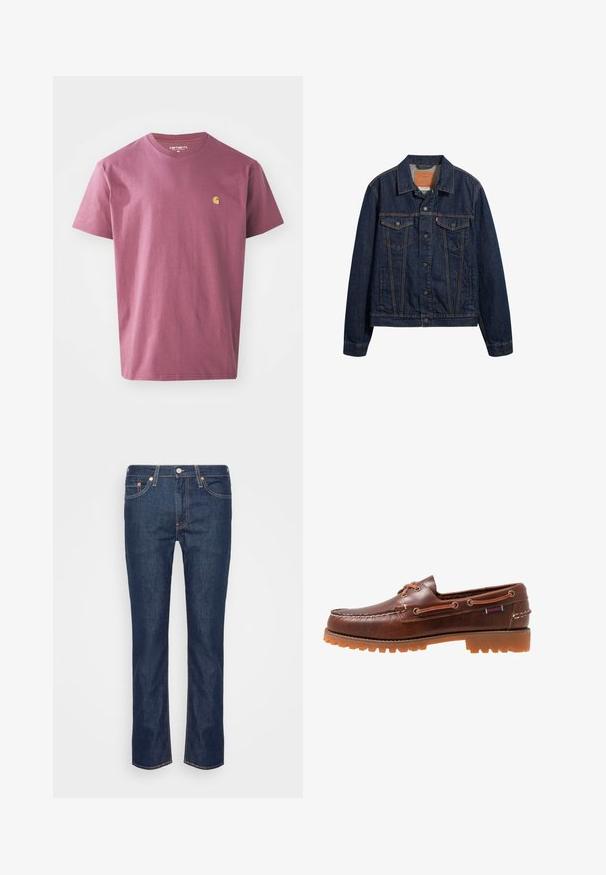 Chaqueta de mezclilla azul marino con cuello, bolsillos delanteros y cierre de botones. Presenta costuras en contraste y un corte clásico.; Camiseta de algodón morada con cuello redondo, mangas cortas y un pequeño logotipo amarillo en el pecho izquierdo. Diseño simple de un color sólido.; Jeans de mezclilla de pierna recta en azul oscuro con costuras naranjas, cinco bolsillos y cierre frontal de botón y cremallera.; Zapato de barco de cuero marrón con suela de goma, ojales para cordones y parte superior cosida, con un patrón elevado y texturizado en la puntera.