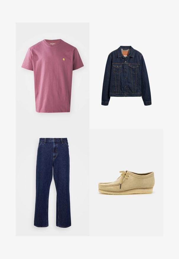 Donkerblauwe denimjack met kraag, vo pockets en knoopsluiting. Kenmerkt zich door contrasterende stiksels en een klassieke snit.; Paarse katoenen T-shirt met ronde hals, korte mouwen en een klein geel logo op de linkerkant van de borst. Eenvoudig ontwerp in effen kleur.; Donkerblauwe denim jeans met een recht-uitlopende pasvorm, voorzien van een knoopsluiting, vijf zakken en subtiele stikseldetails.; Beige suède schoen met een vetersluiting, gestikte details en een rubberen zool. De vorm is casual met een lichte sleehak.