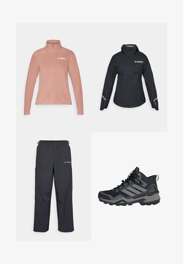 Jachetă impermeabilă neagră cu glugă, fermoar complet, manșete ajustabile și accente reflectorizante. Prezintă un logo alb pe partea superioară stângă a pieptului.; adidas Terrex Pulover din fleece - warm clay; Pantaloni de exterior negri, ușori, cu un talie elastică, buzunare laterale și un logo pe piciorul din dreapta sus. Material neted, rezistent la apă.; Shoe de drumeție negru cu accente gri, superior din plasă, talpă din cauciuc și sistem de șireturi rezistent. Prezintă panouri texturate și un design cu gleznă înaltă.