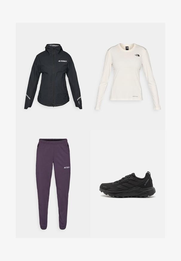 Svart vanntett jakke med hette, hel glidelås, justerbare mansjetter og reflekterende detaljer. Har en hvit logo på øvre venstre bryst.; The North Face SHADOW LONG SLEEVE - Topper langermet - white dune; Lilla treningstype bukser med smale bein, elastisk midje, sidelommer og hvit "TERREX"-logo. Laget av lett, teksturert stoff.; Svarte treningst sneakers med teksturert syntetisk overdel, snøring, tykk gummisåle og diskrete logo-akcenter på siden og hælen.