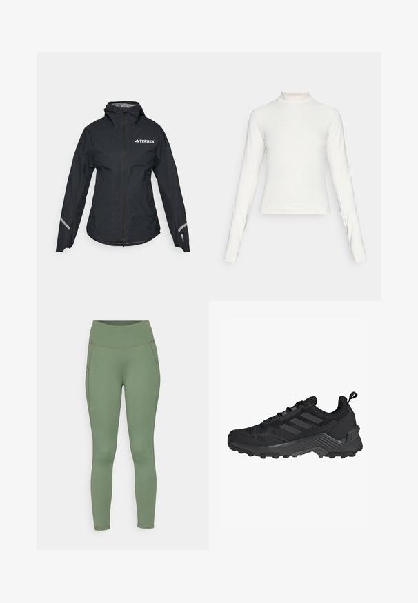 Svart vanntett jakke med hette, hel glidelås, justerbare mansjetter og reflekterende detaljer. Har en hvit logo på øvre venstre bryst.; Langermet hvit treningsgenser med høy hals og lite sentrert logo på brystet, vist på en enkel bakgrunn.; Grønne treningsleggings med høy liv, laget av elastisk materiale, med flatlock-sømmer og en glatt tekstur.; Svart idrettssko med mesh-overdel, design med tre striper, formet hæl og robust yttersåle med fremtredende støtteknopper.