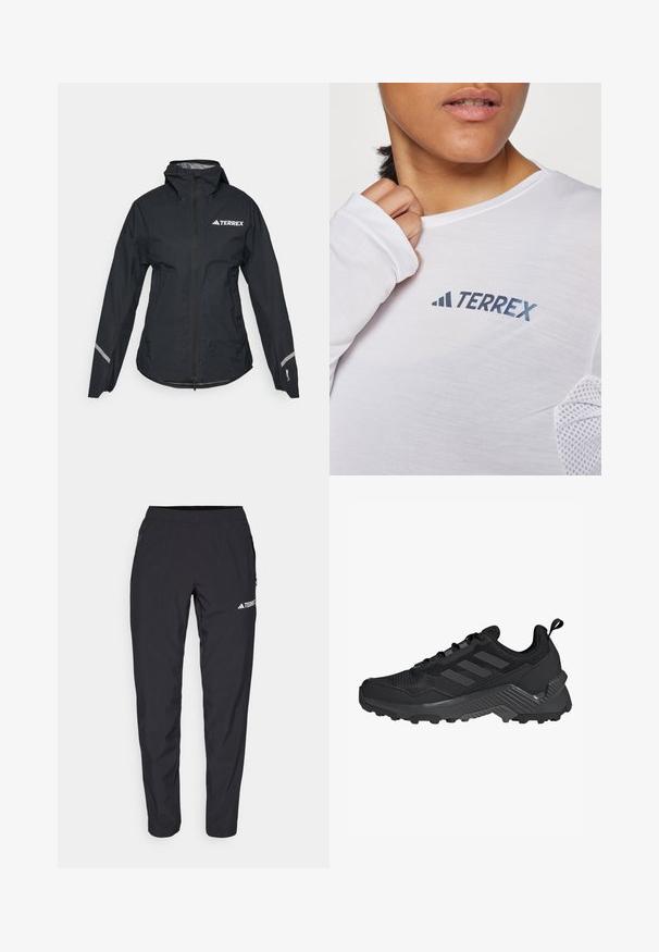Schwarze wasserdichte Jacke mit Kapuze, durchgehendem Reißverschluss, verstellbaren Bündchen und reflektierenden Akzenten. Mit einem weißen Logo auf der oberen linken Brust.; Weißes Langarmhemd mit blauem "TERREX"-Logo. Der Stoff ist leicht und hat strukturierte Mesh-Akzente an den Schultern.; Schwarze Sporthose aus leichtem, dehnbarem Material mit elastischem Bund und seitlichen Reißverschlusstaschen. Mit weißem Logo am Oberschenkel.; Schwarzer Sportschuh mit einem Mesh-Obermaterial, einem drei-Streifen-Design, einem geformten Fersenbereich und einer robusten Außensohle mit auffälligen Traktionsnoppen.