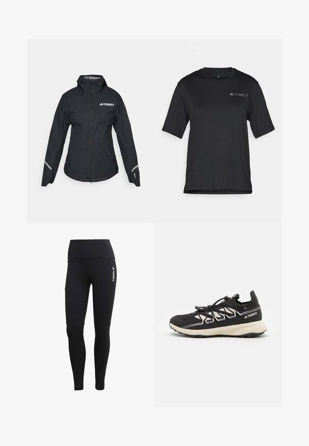 Zwarte waterdichte jas met een capuchon, volledige rits, verstelbare manchetten en reflecterende accenten. Heeft een wit logo op de bovenkant van de linkerborst.; Zwarte T-shirt met korte mouwen van lichtgewicht stof. Heeft een ronde halslijn en een klein, wit "TERREX" logo op de borst.; Zwarte sportlegging met hoge taille, voorzien van een zijzak, naadloos ontwerp en het Terrex-logo aan de voorkant rechts.; Zwarte sportschoen met een gestructureerde bovenkant, contrasterende witte accenten, een gevormde zool en elastische veters. Heeft een bedrukte logo op de hiel.