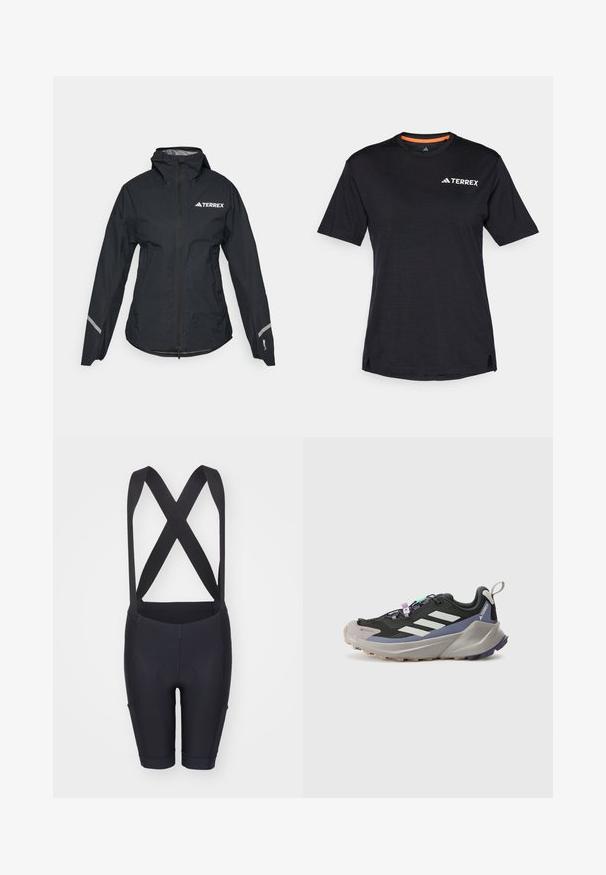 Chaqueta impermeable negra con capucha, cierre completo, puños ajustables y detalles reflectantes. Presenta un logo blanco en la parte superior izquierda del pecho.; Camiseta negra de manga corta con cuello redondo, que presenta una sutil textura jaspeada y el logo blanco "TERREX" en la parte superior izquierda.; Pantalones cortos de ciclismo negros con tirantes, que cuentan con una textura suave, área de asiento acolchada y un diseño ajustado para mayor comodidad y soporte.; Zapatilla deportiva negra con parte superior de Gore-Tex, rayas blancas, acentos morados, entresuela gris gruesa y suela exterior texturizada gris para agarre.