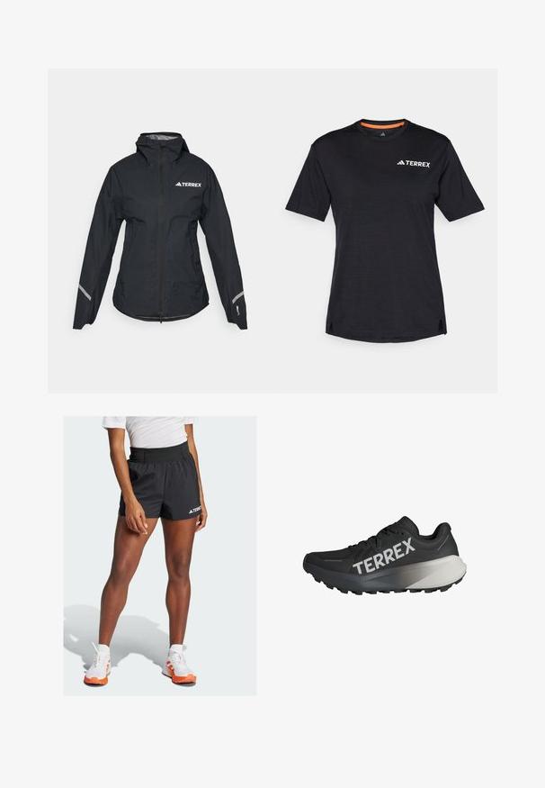 Zwarte waterdichte jas met een capuchon, volledige rits, verstelbare manchetten en reflecterende accenten. Heeft een wit logo op de bovenkant van de linkerborst.; Zwarte T-shirt met korte mouwen en ronde hals, met een subtiele heatherstructuur en een wit "TERREX" logo aan de bovenlinkerkant.; Zwarte sportshorts met een brede tailleband, waarop de tekst "TERREX" en een Adidas-logo is weergegeven. Gecombineerd met witte schoenen met oranje accenten.; Zwarte hardloopschoen met een gestructureerde bovenkant, prominente "TERREX" logo in het wit, taps toelopend zoolontwerp en een gradiënt grijze accent op de hiel.