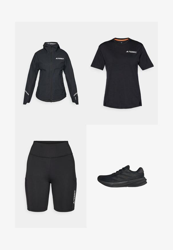 Zwarte waterdichte jas met een capuchon, volledige rits, verstelbare manchetten en reflecterende accenten. Heeft een wit logo op de bovenkant van de linkerborst.; Zwarte T-shirt met korte mouwen en ronde hals, met een subtiele heatherstructuur en een wit "TERREX" logo aan de bovenlinkerkant.; Zwarte sportshorts van rekbaar materiaal, met een hoge tailleband, zijzakken en een witte logoaccent op één been.; Zwarte sportieve schoenen met een bovenwerk van mesh, gestroomlijnde vorm, platte zool en drie diagonale strepen aan de zijkant. Lichtgewicht ontwerp voor comfort.