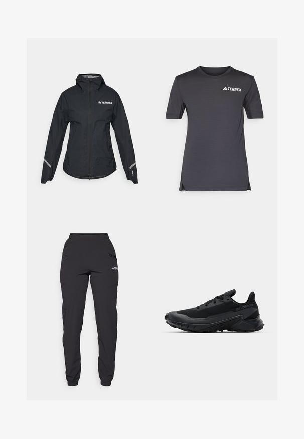 Schwarze wasserdichte Jacke mit Kapuze, durchgehendem Reißverschluss, verstellbaren Bündchen und reflektierenden Akzenten. Mit einem weißen Logo auf der oberen linken Brust.; Dunkelgraues Kurzarmshirt aus leichtem Material mit einem Rundhalsausschnitt und einem weißen TERREX-Logo auf der Brust.; Schwarze wasserdichte Hosen mit einem elastischen Bund, seitlichen Reißverschlusstaschen, schmalen Beinen und gerippten Bündchen an den Knöcheln. Mit Logo-Details.; Schwarzer Laufschuh mit einer strukturierten Gummisohle, atmungsaktivem Obermaterial und flachen Schnürsenkeln. Verfügt über eine unterstützende Ferse und ein elegantes Design.